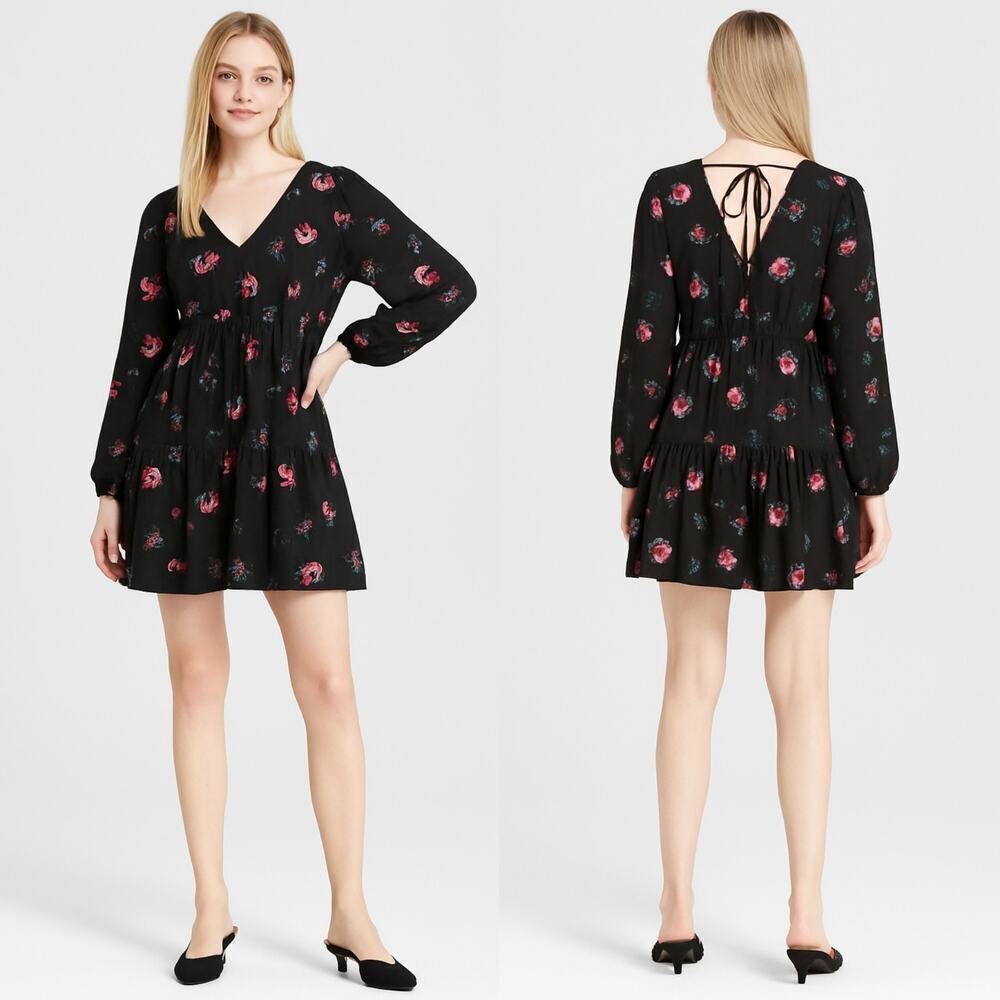 NEW A New Day Floral Balloon Sleeve Ruffle Hem Dress Black Pink Size L boho